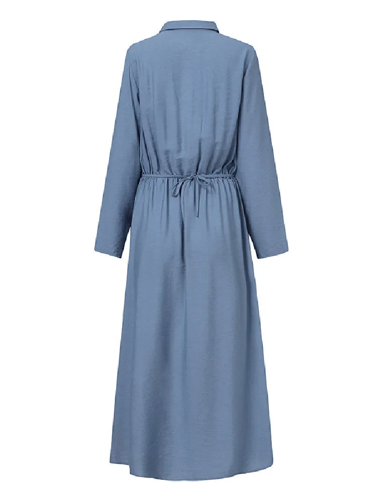 Kaftan Pure Color Lapel Front Pockets Tooling Women Maxi Dress