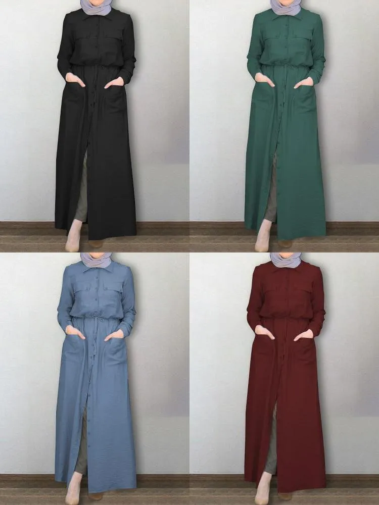 Kaftan Pure Color Lapel Front Pockets Tooling Women Maxi Dress