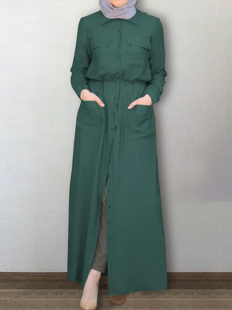 Kaftan Pure Color Lapel Front Pockets Tooling Women Maxi Dress