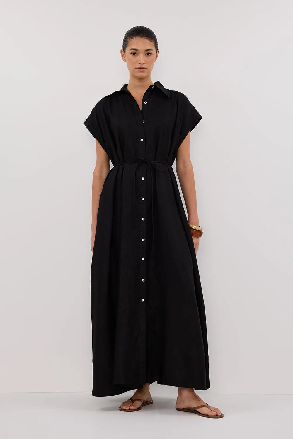 LANA BLACK LINEN MIDI SHIRT DRESS