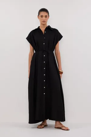 LANA BLACK LINEN MIDI SHIRT DRESS