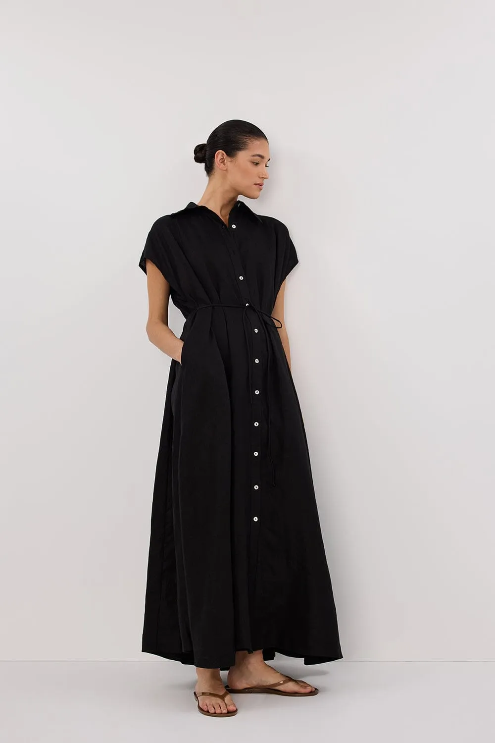 LANA BLACK LINEN MIDI SHIRT DRESS
