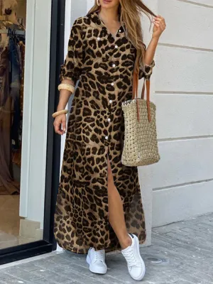 Leopard Print Lapel Long Sleeve Pockets Shirt Women Maxi Dress