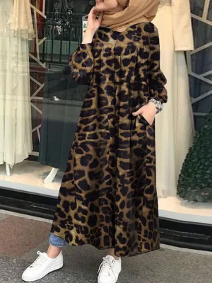 Leopard Printed Button Down Front Kaftan Tunic Pockets Women Maxi Dress