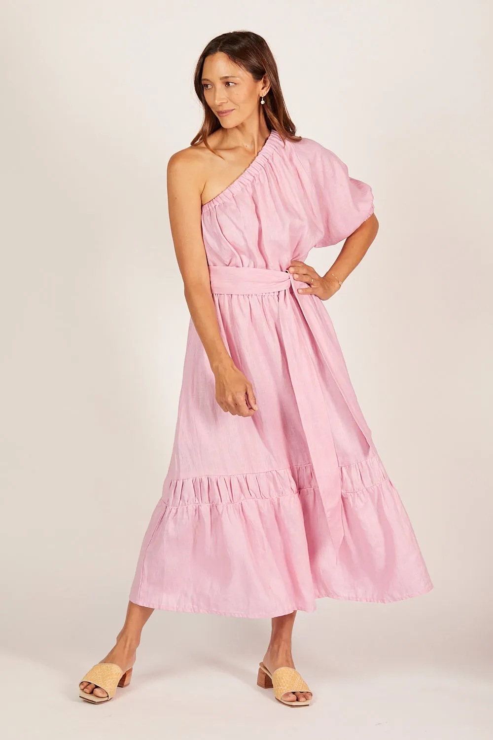Lou Lou Linen One Shoulder Dress in Peony