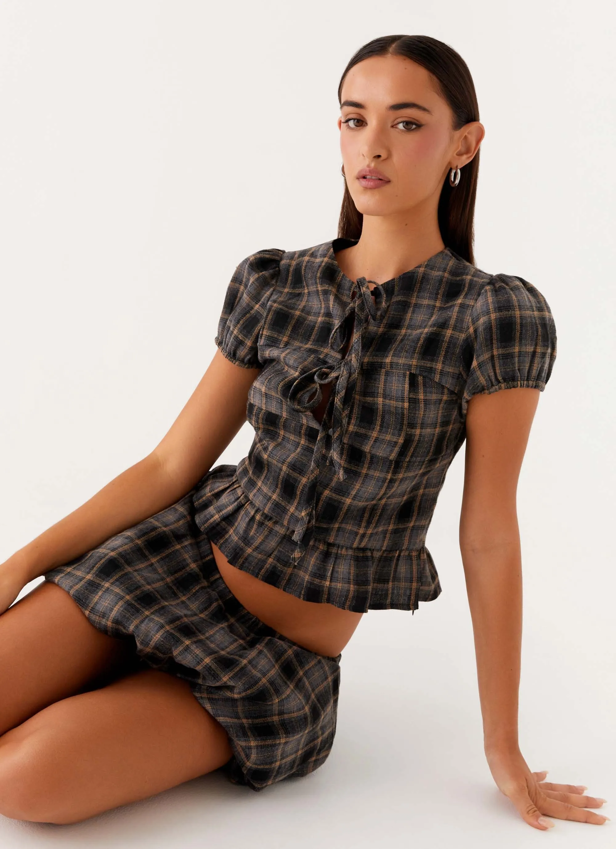 Lucia Puff Sleeve Top - Brown Check