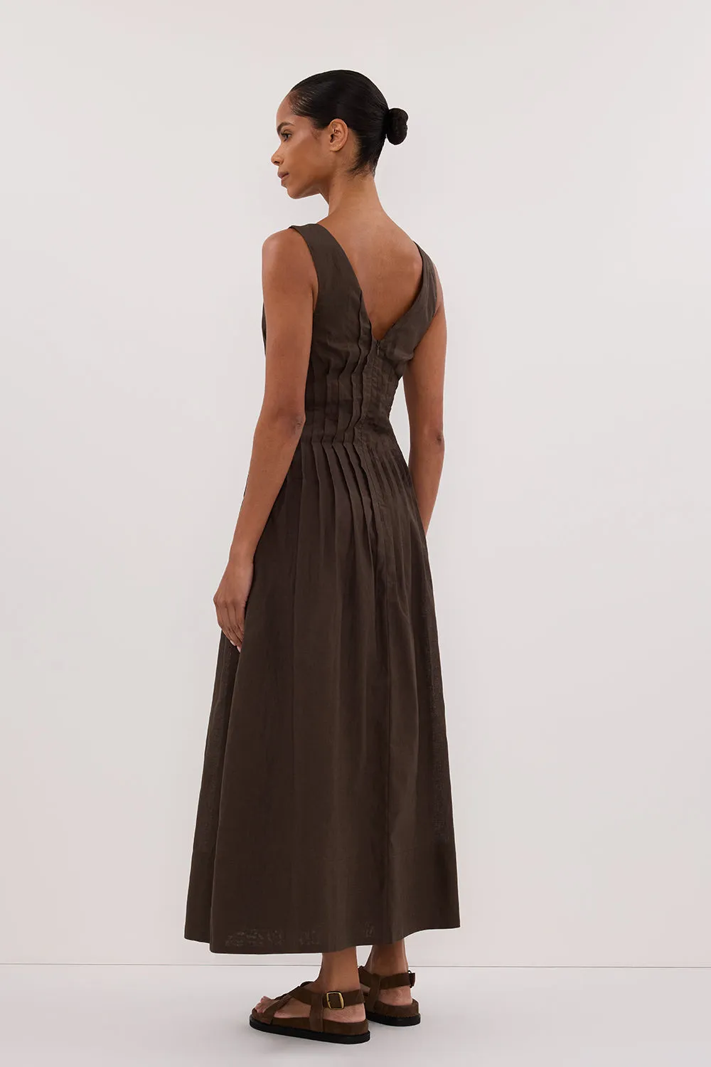 MANA BITTER CHOC LINEN MIDI DRESS