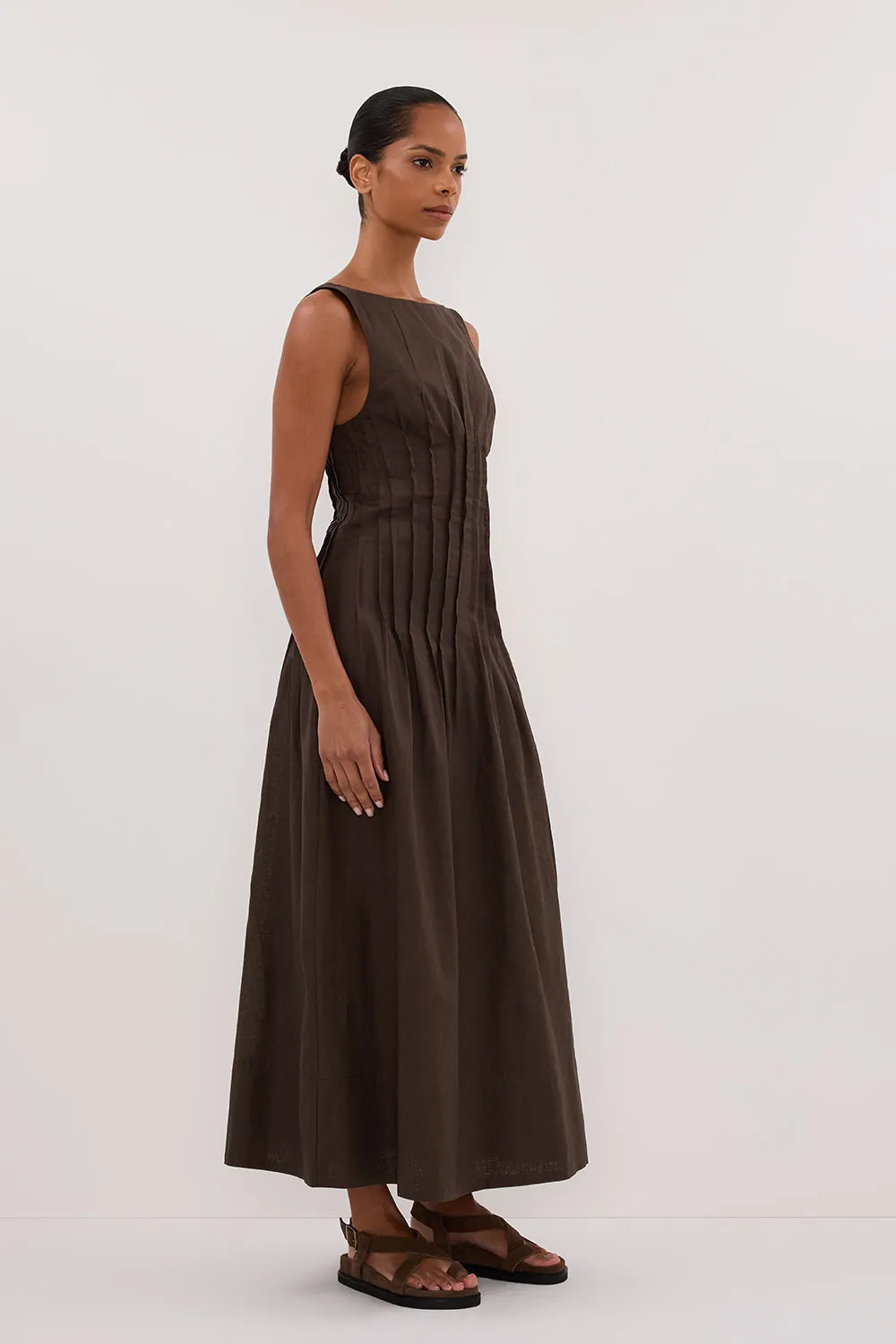 MANA BITTER CHOC LINEN MIDI DRESS