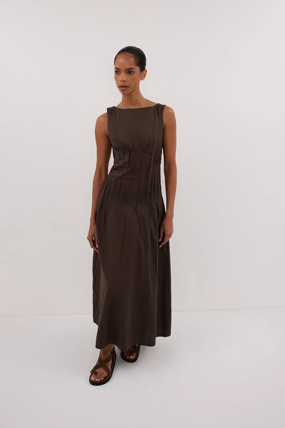MANA BITTER CHOC LINEN MIDI DRESS