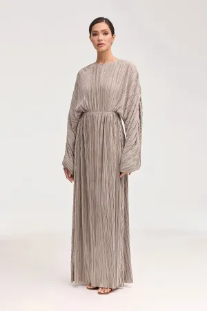 Manal Satin Plisse Batwing Maxi Dress - Taupe