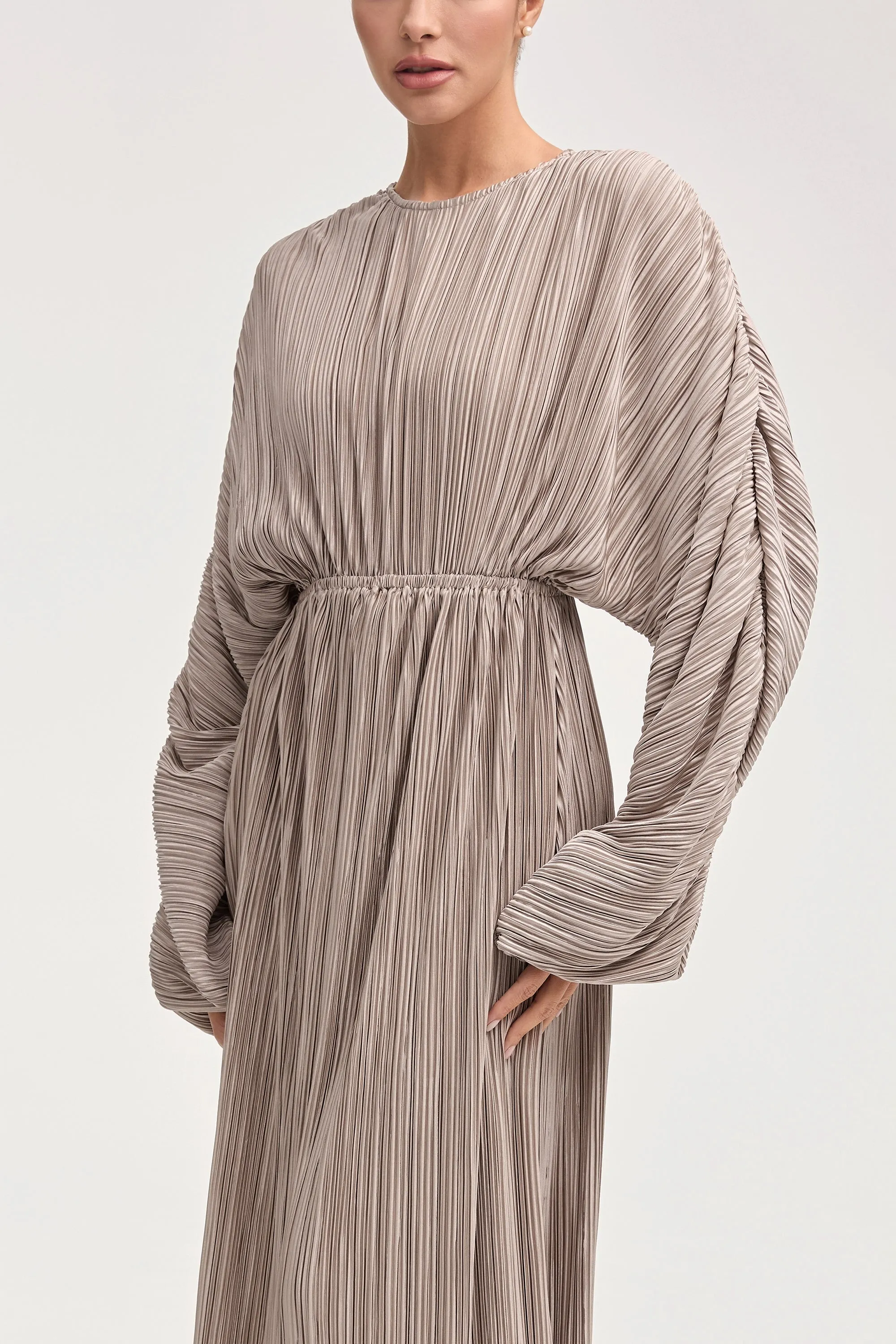 Manal Satin Plisse Batwing Maxi Dress - Taupe