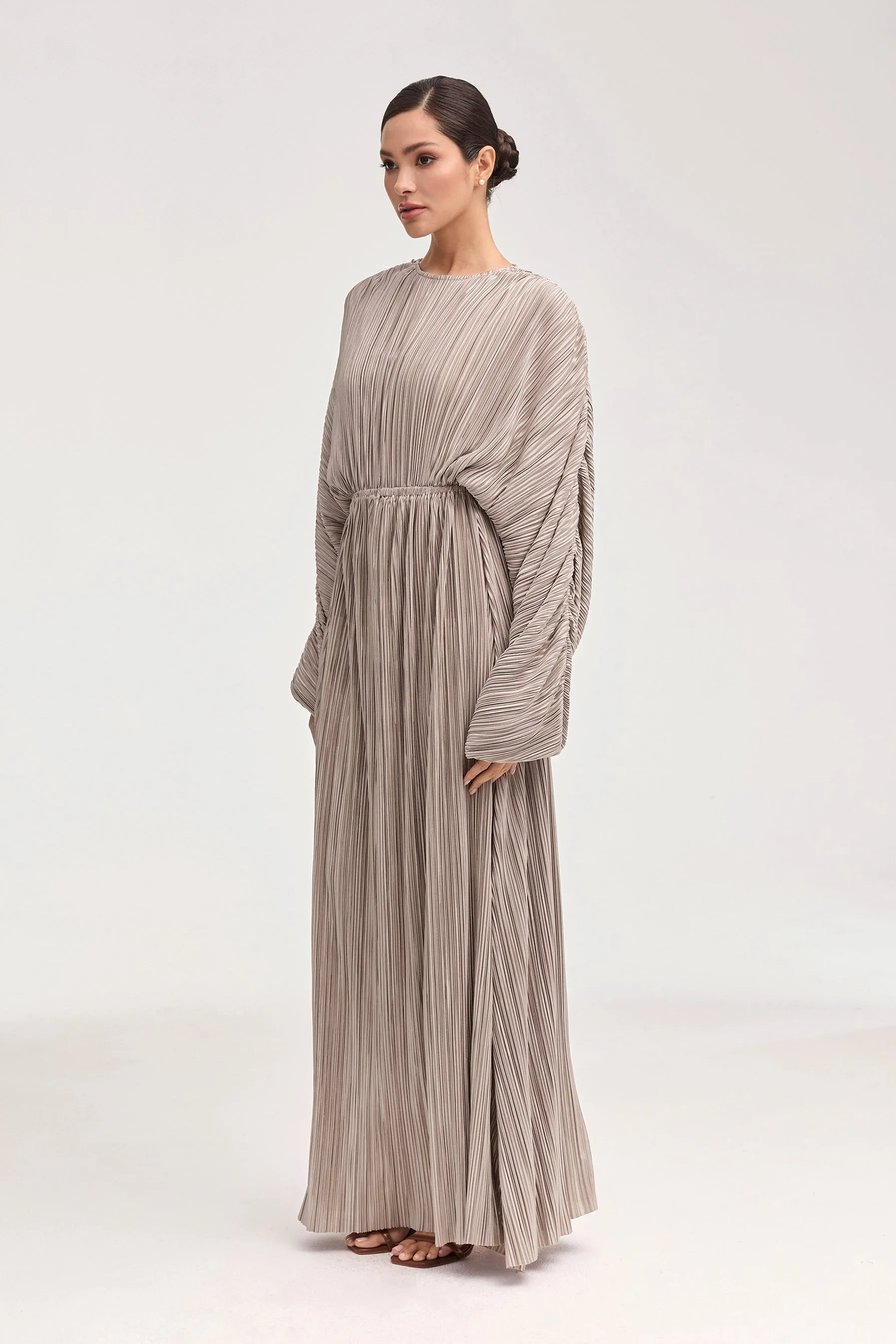 Manal Satin Plisse Batwing Maxi Dress - Taupe
