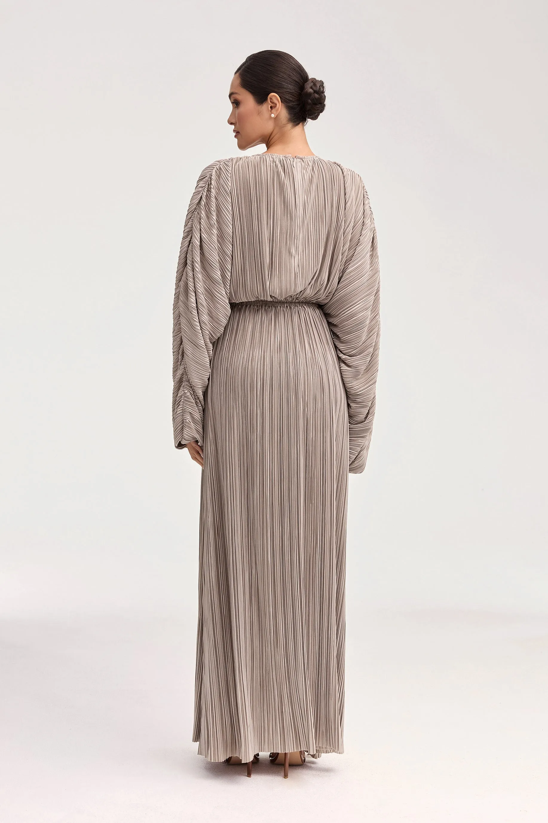 Manal Satin Plisse Batwing Maxi Dress - Taupe