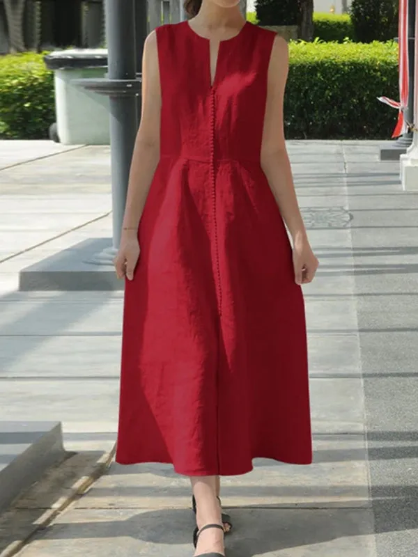Maxi Pocket Dress Women Solid Color Sleeveless V-Neck Back Zipper