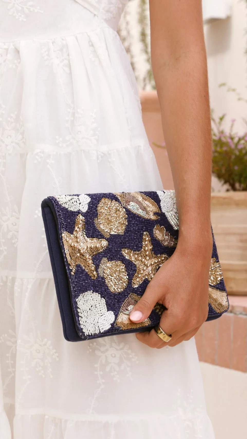 Miranda Seashells Sequined Clutch - Navy / Gold