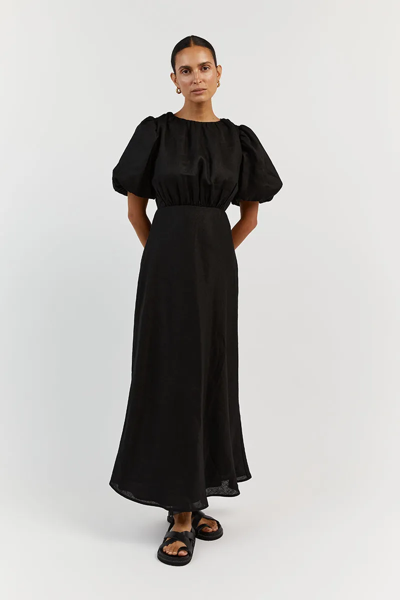 NAT BLACK LINEN GATHERED MIDI DRESS
