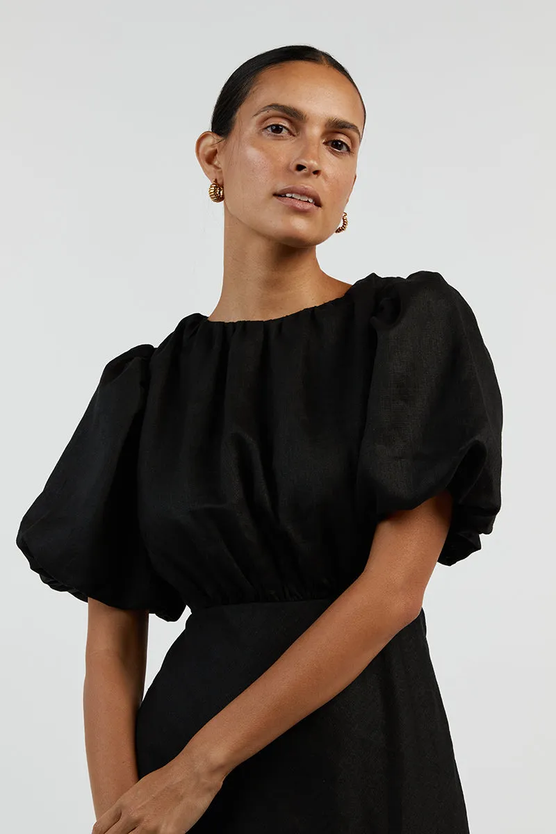 NAT BLACK LINEN GATHERED MIDI DRESS