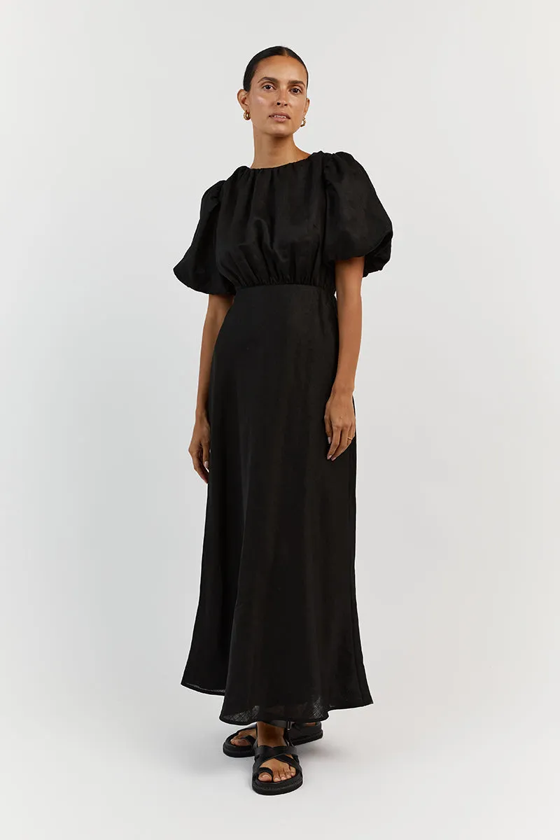 NAT BLACK LINEN GATHERED MIDI DRESS