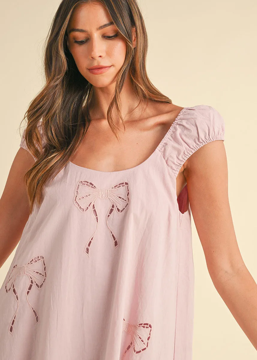 Naya Bow Embroidered Mini Dress - Dusty Mauve