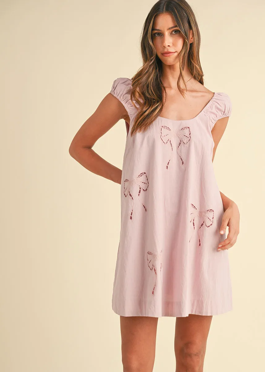 Naya Bow Embroidered Mini Dress - Dusty Mauve