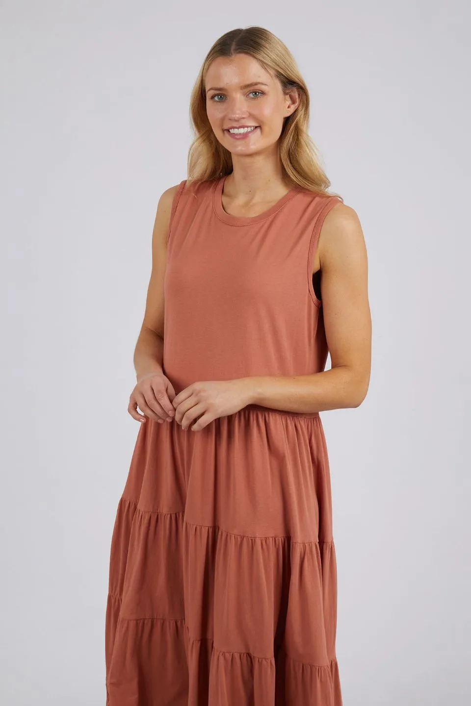 Nebraska Copper Sleeveless Tiered Jersey Midi Dress