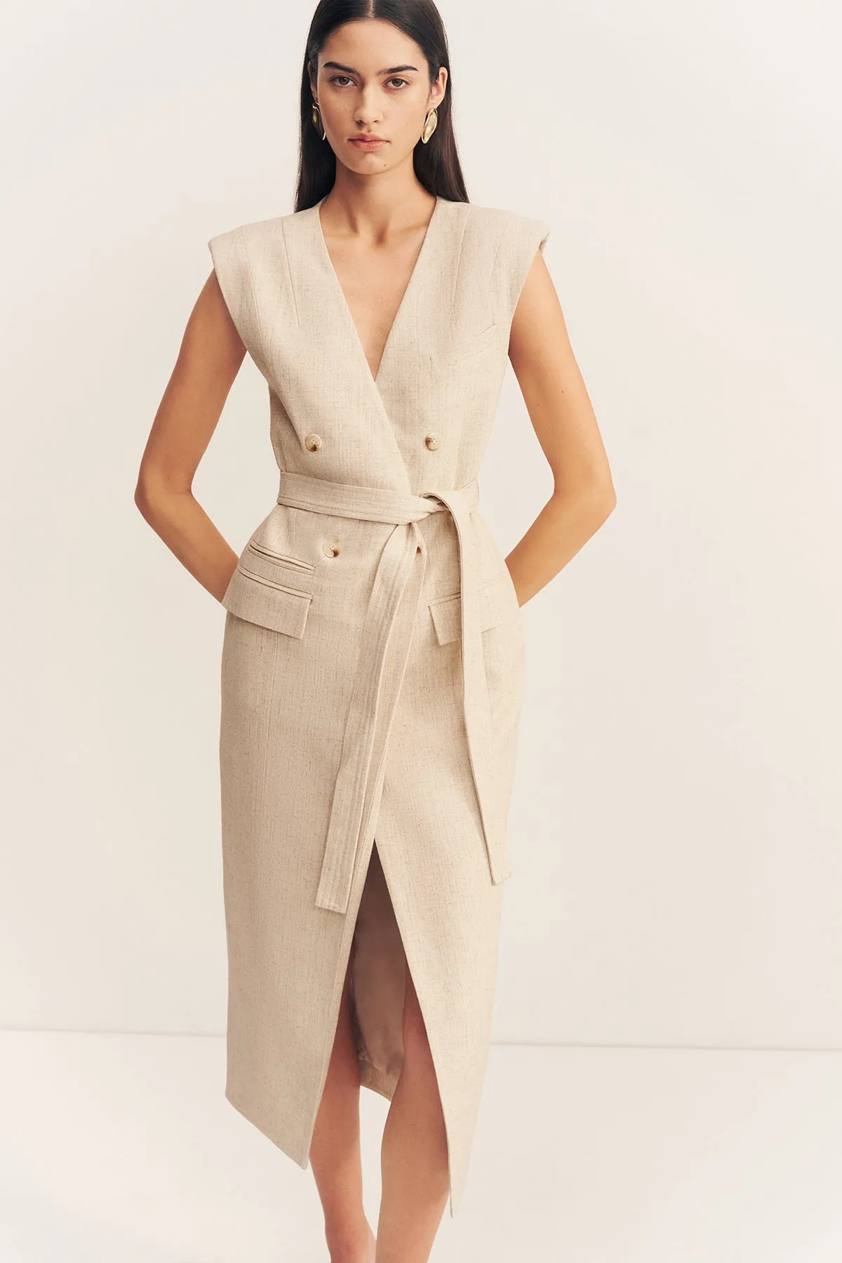 NEWMAN SLEEVELESS BLAZER MIDI DRESS - PARCHMENT