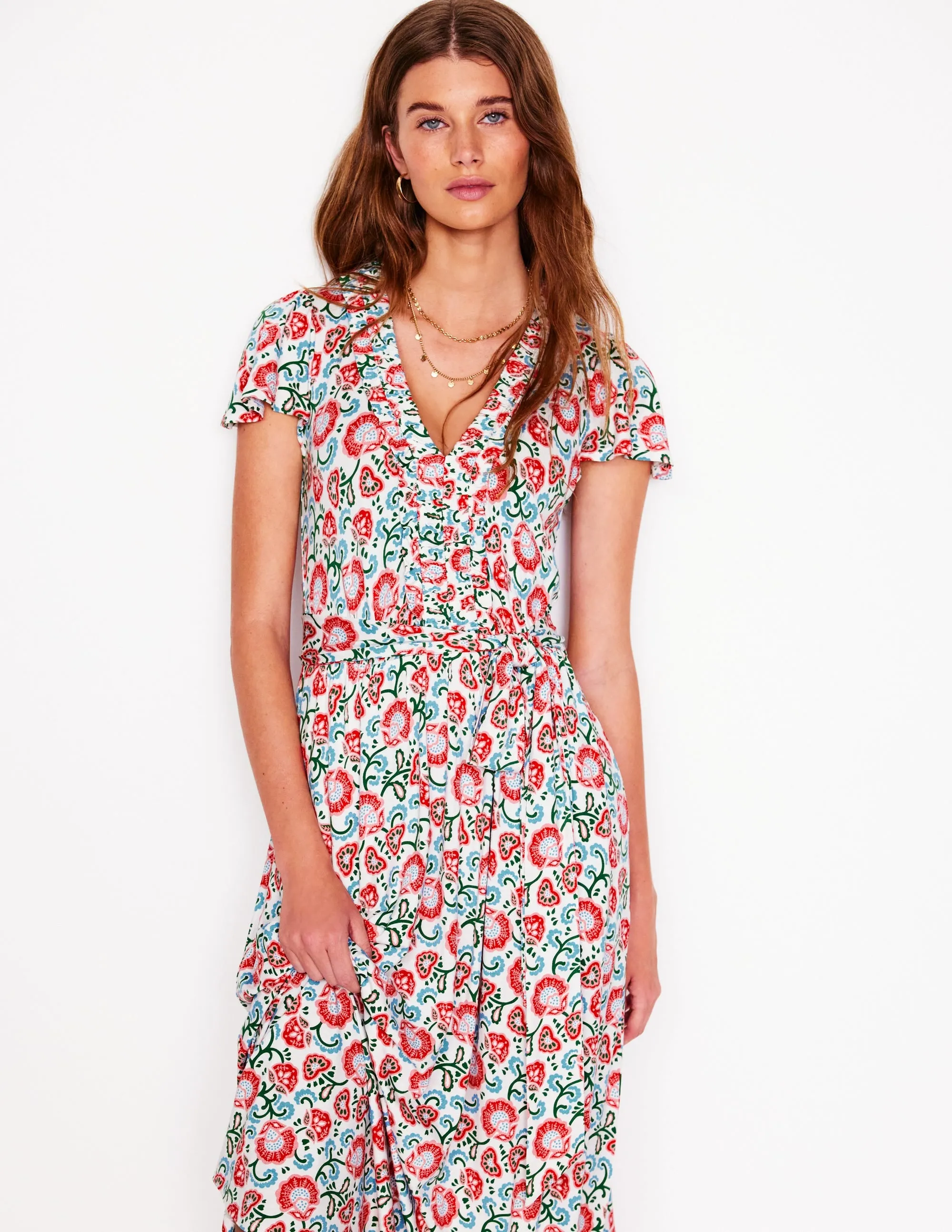 Nicola Jersey Tea Dress-Ivory. Garden Vine