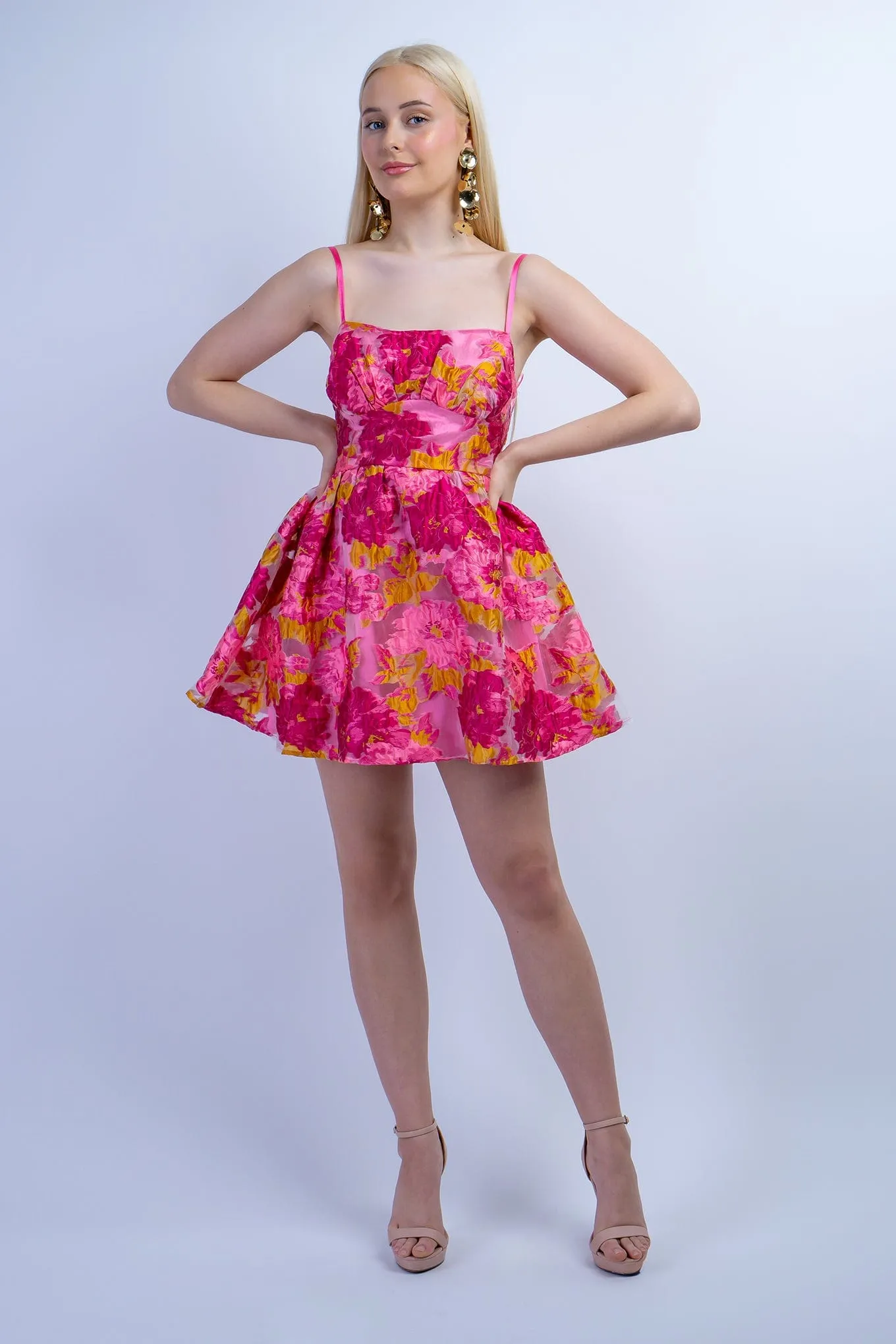 Pink Chartruese Floral Jacquard Dress