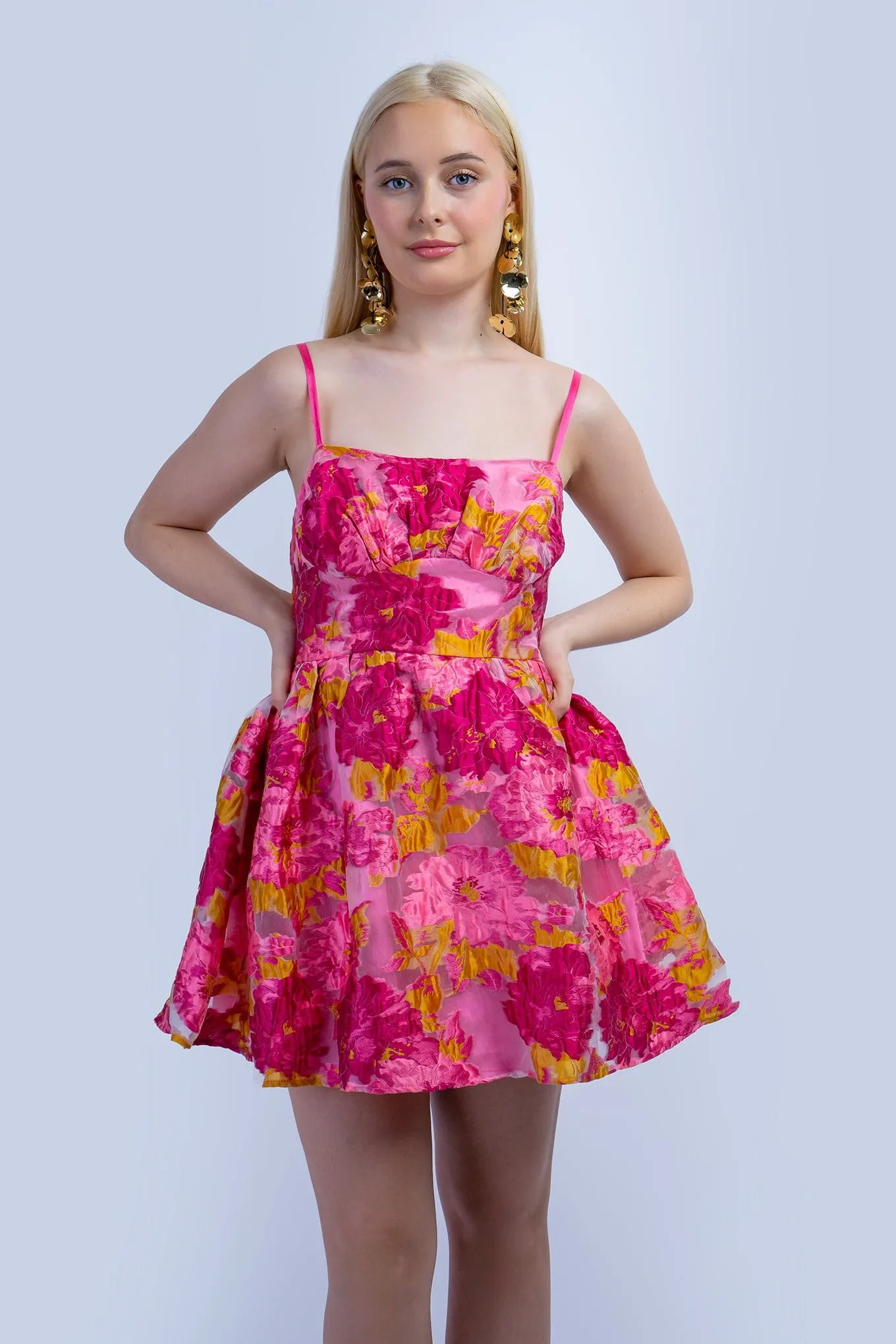 Pink Chartruese Floral Jacquard Dress