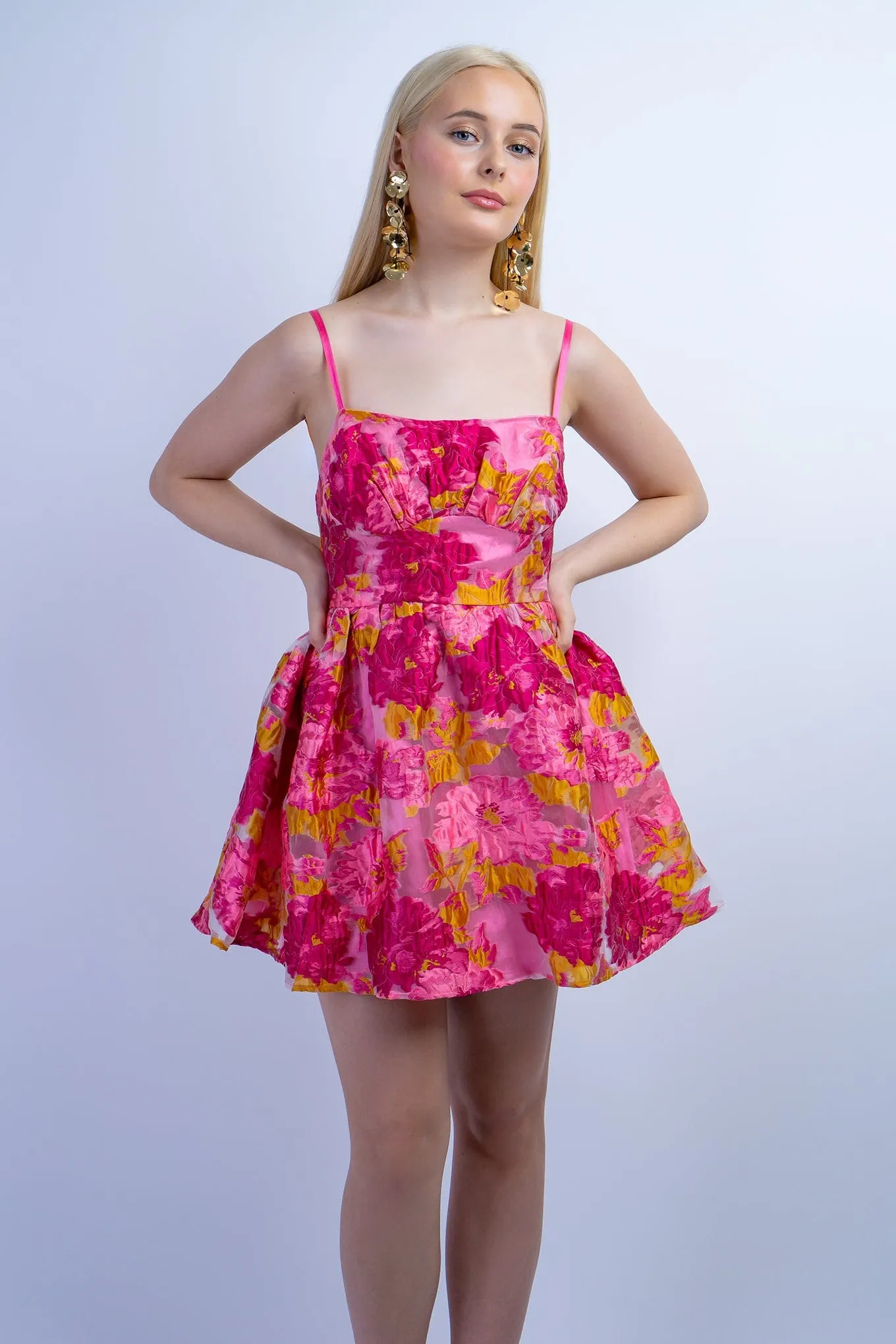 Pink Chartruese Floral Jacquard Dress