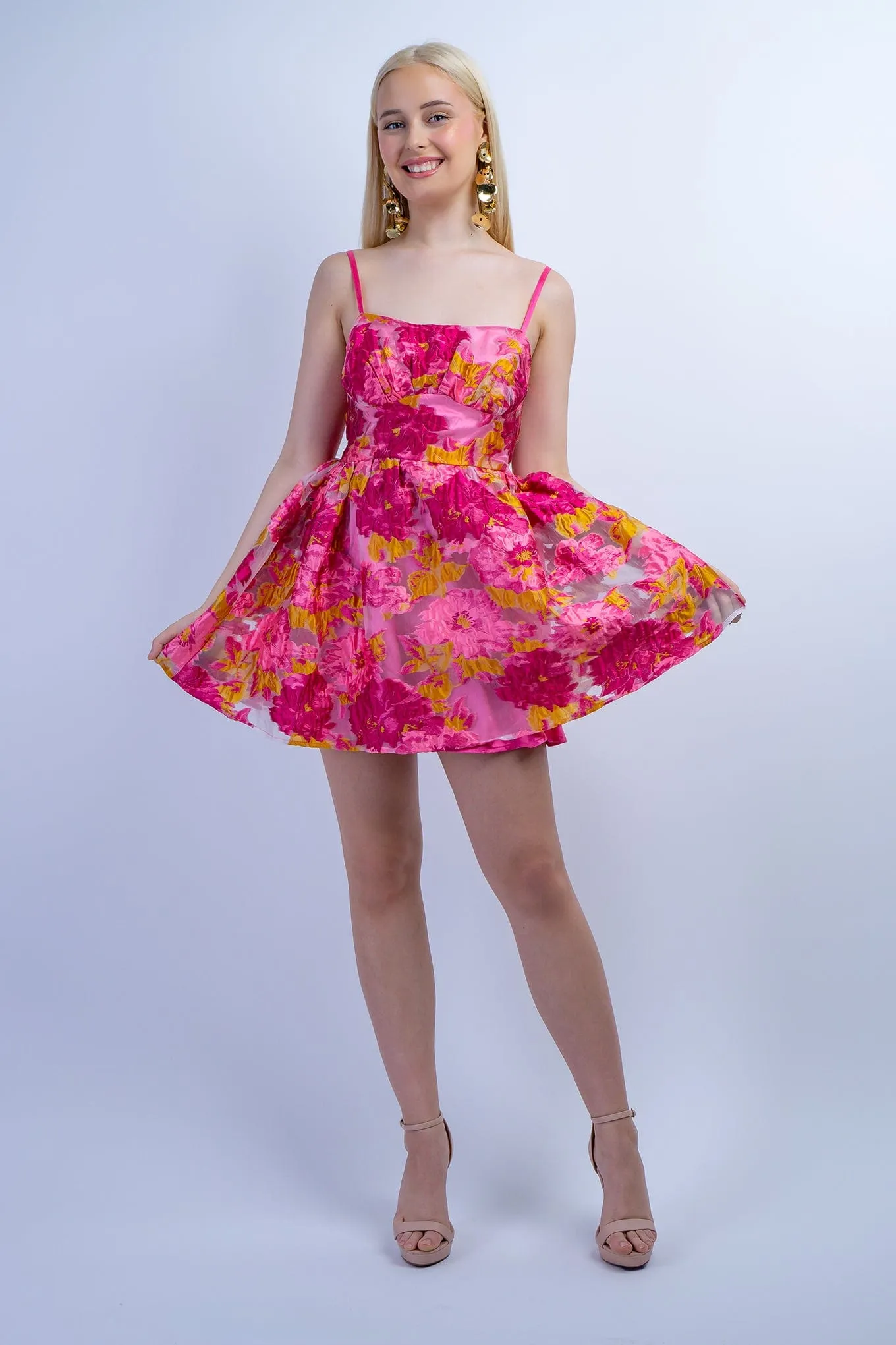 Pink Chartruese Floral Jacquard Dress