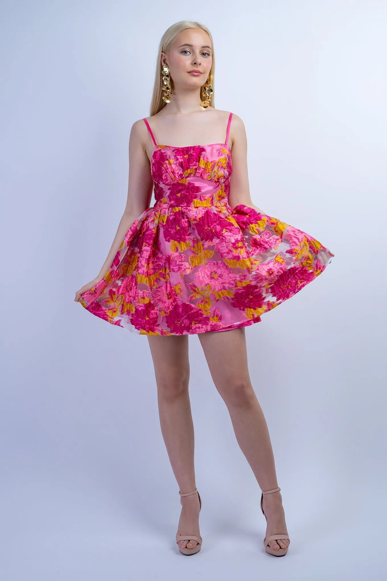 Pink Chartruese Floral Jacquard Dress