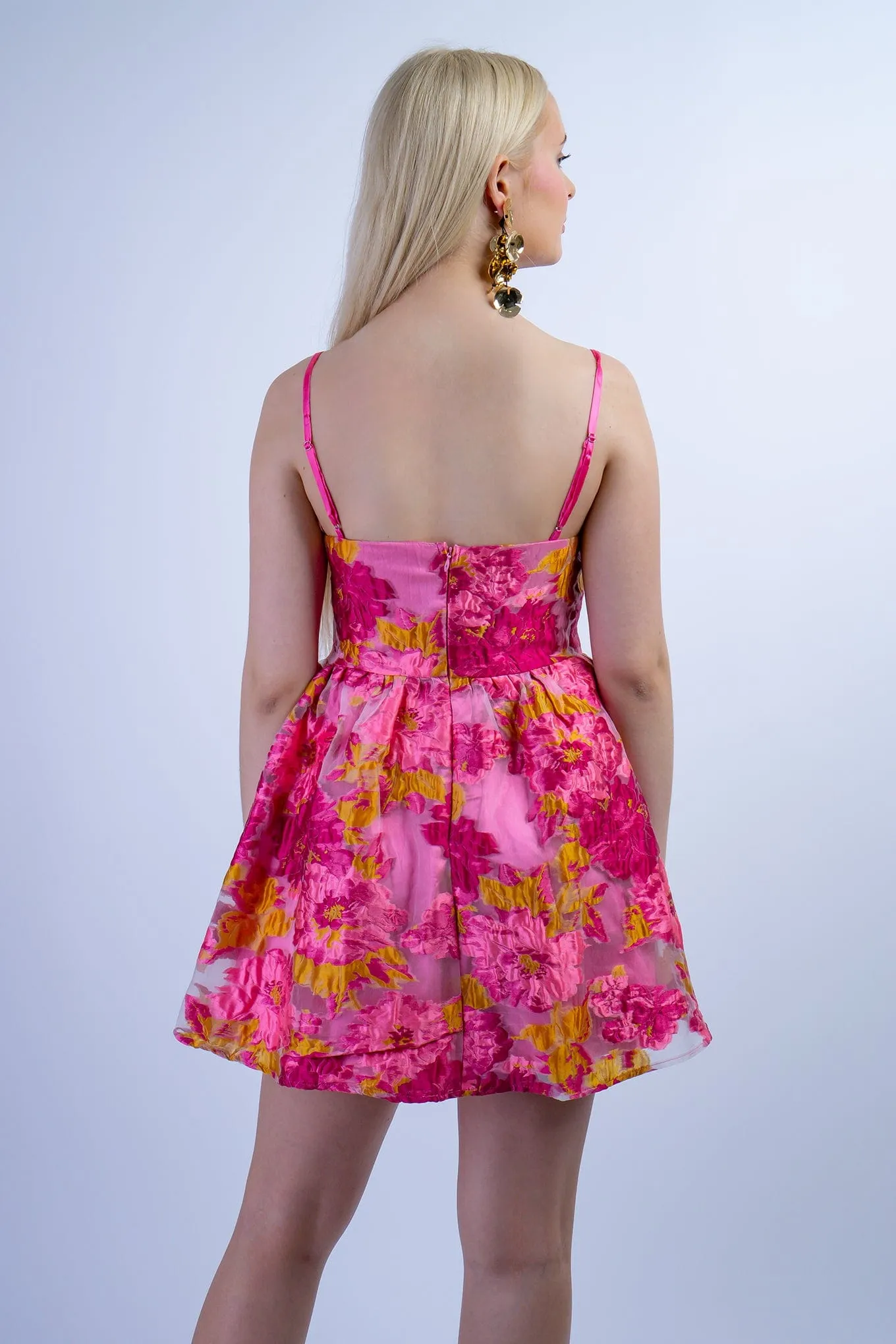 Pink Chartruese Floral Jacquard Dress