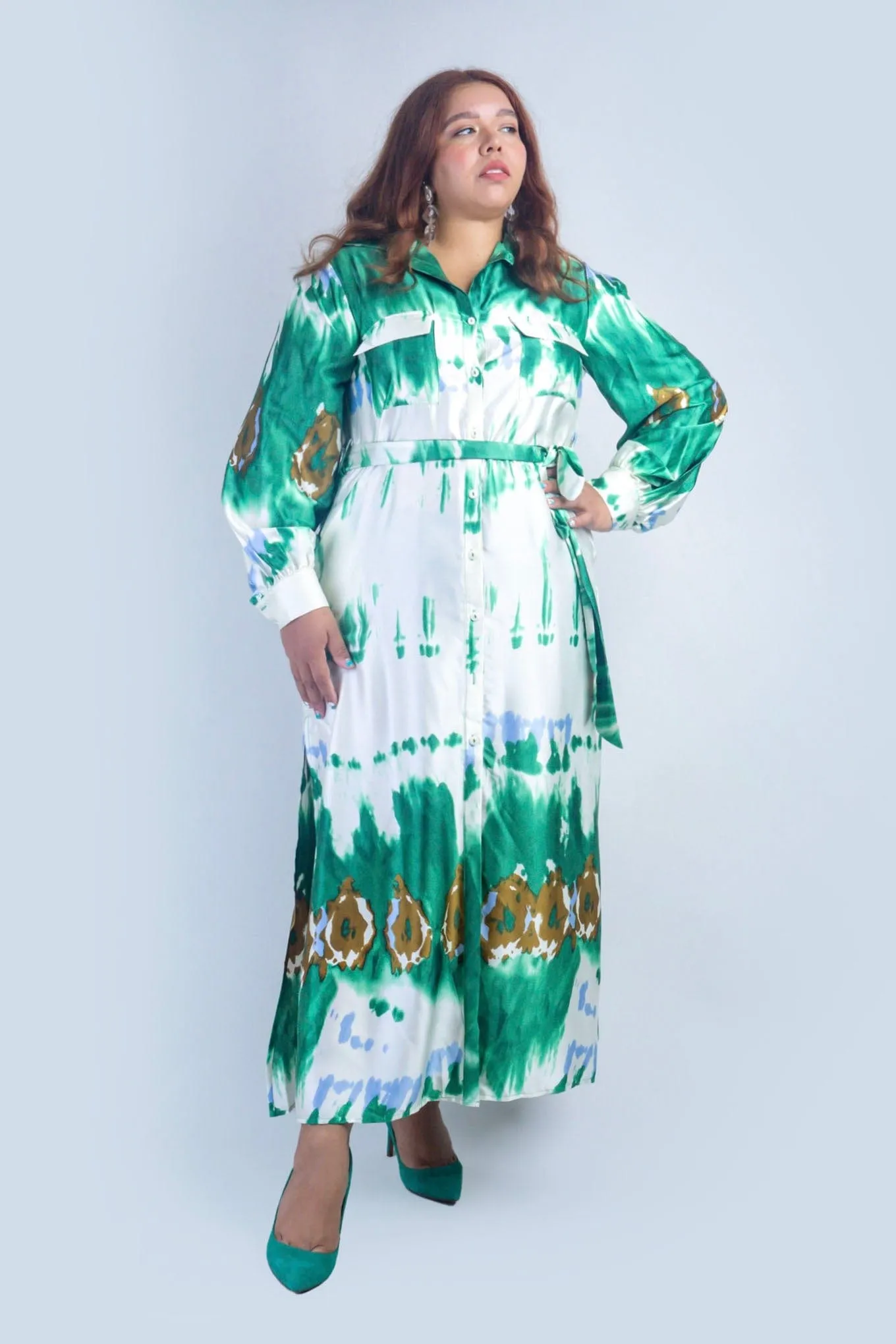 Plus Green Watercolor Maxi Shirt Dress