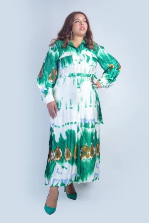 Plus Green Watercolor Maxi Shirt Dress