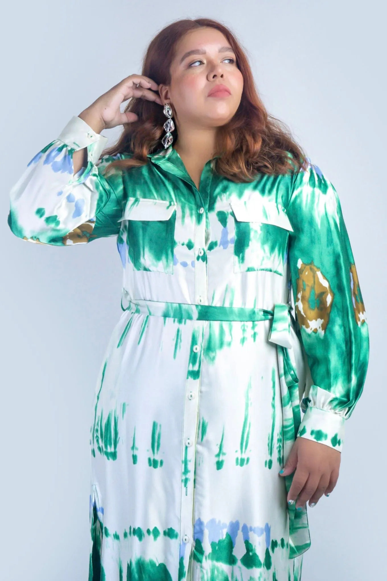 Plus Green Watercolor Maxi Shirt Dress