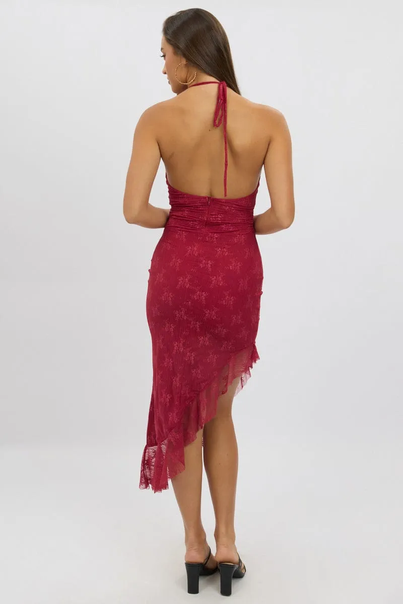 Red Bodycon Dress Ruffle Halter Neck