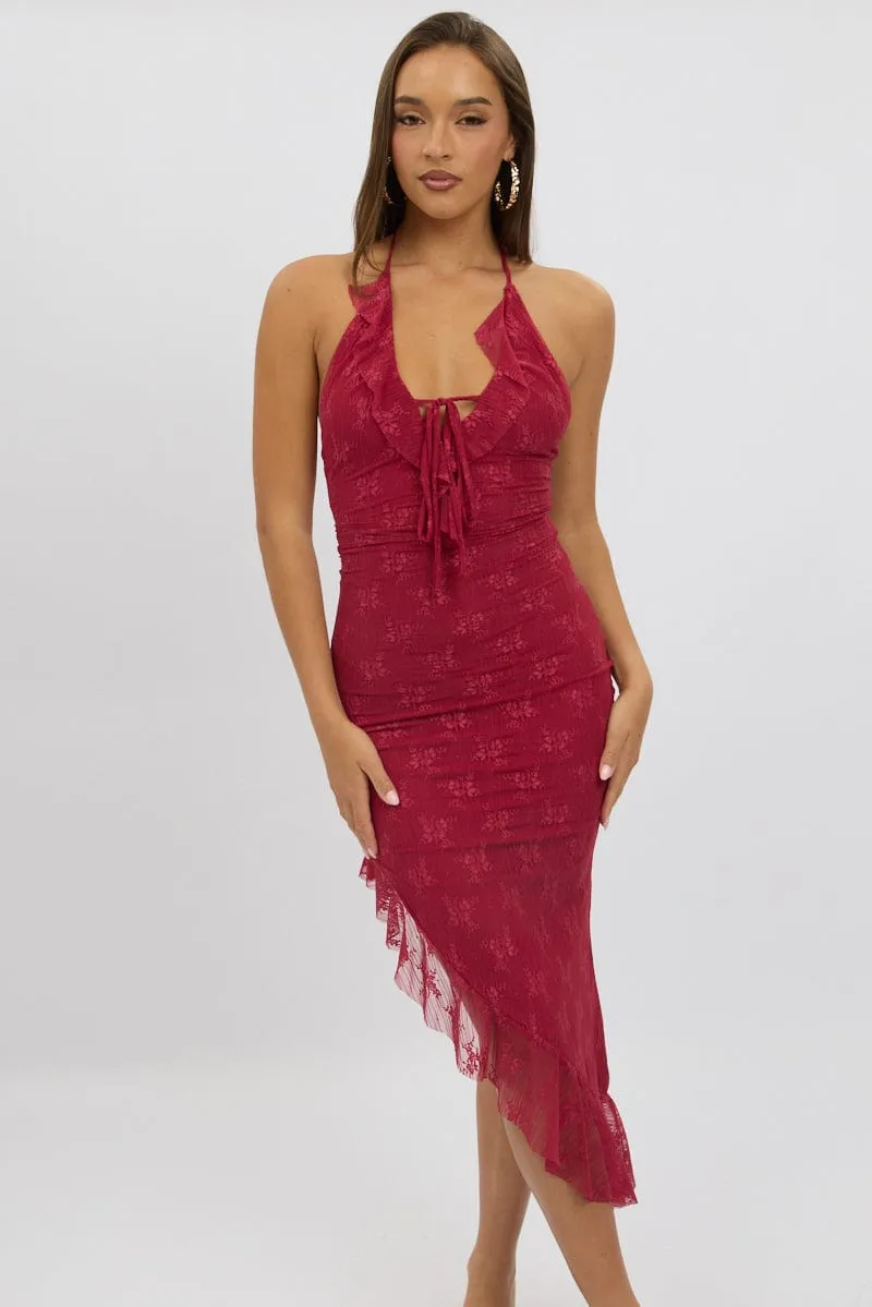 Red Bodycon Dress Ruffle Halter Neck