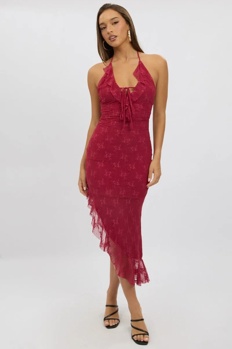 Red Bodycon Dress Ruffle Halter Neck