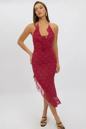 Red Bodycon Dress Ruffle Halter Neck