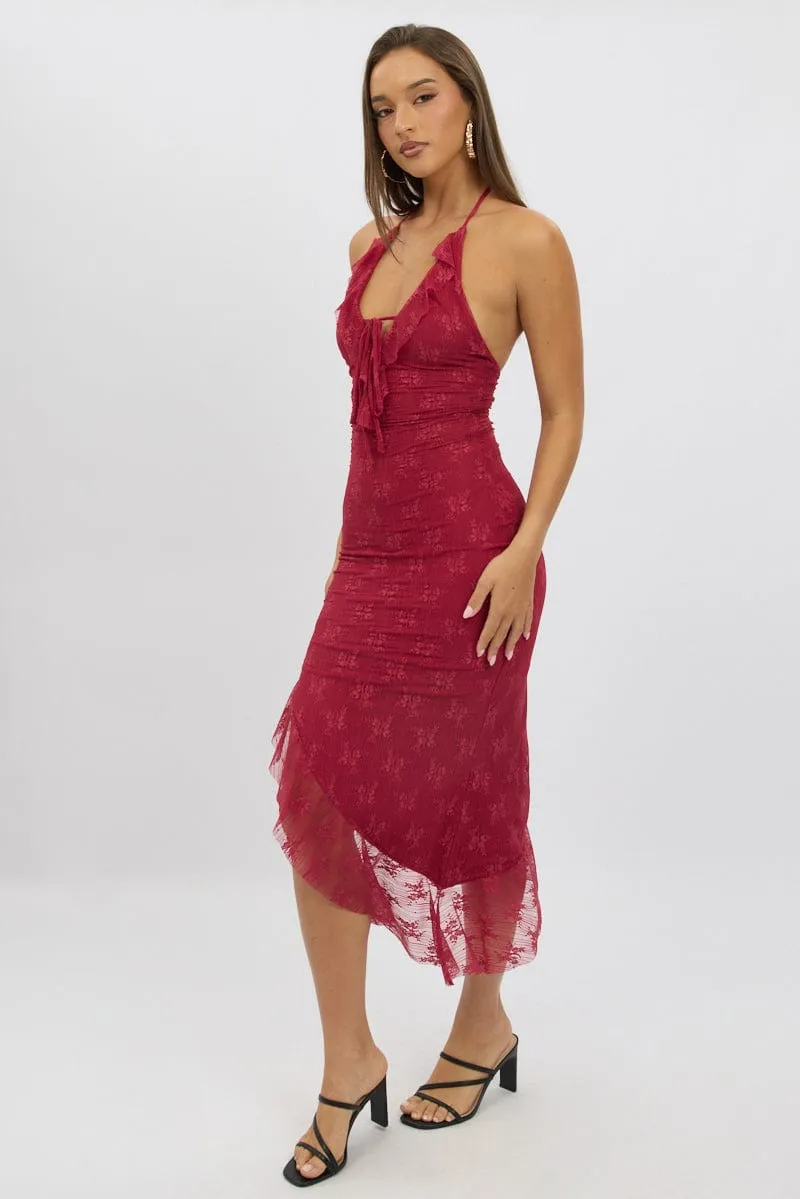 Red Bodycon Dress Ruffle Halter Neck