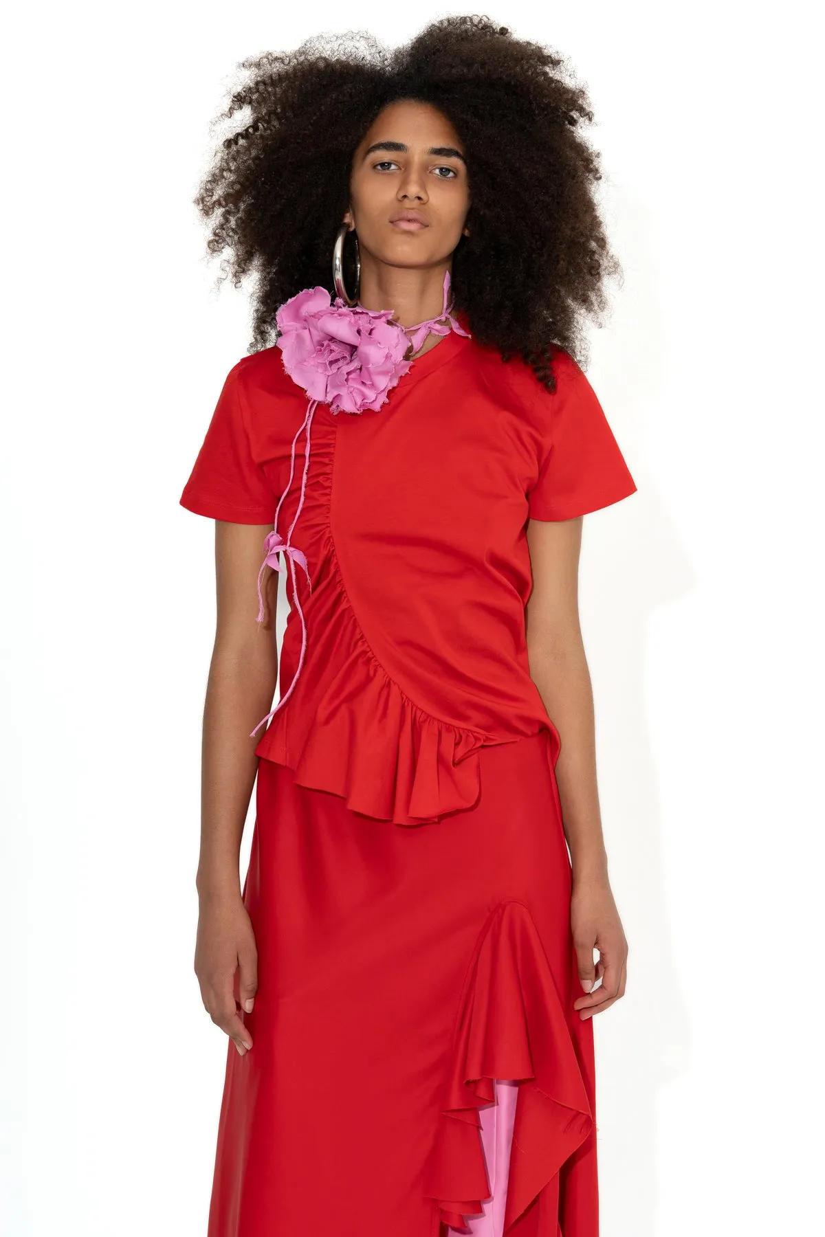 RED GATHERED T-SHIRT