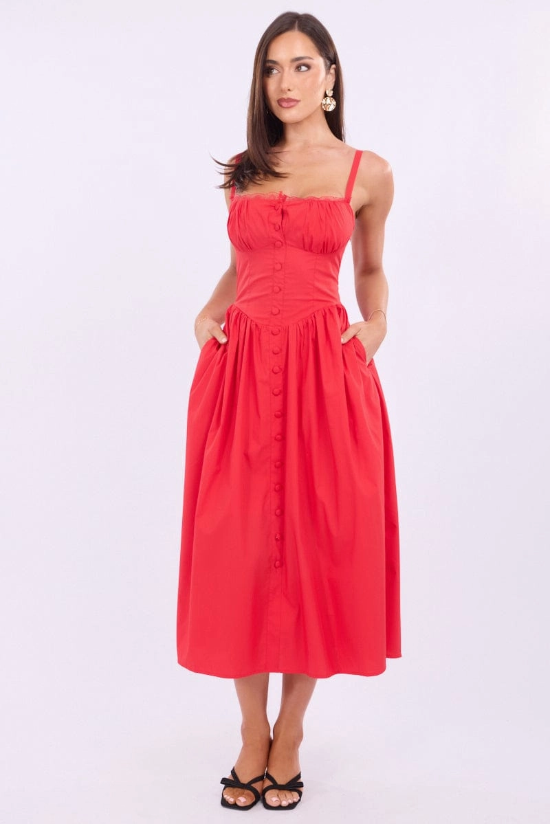 Red Midi Dress Lace Trim Corset Detail Poplin