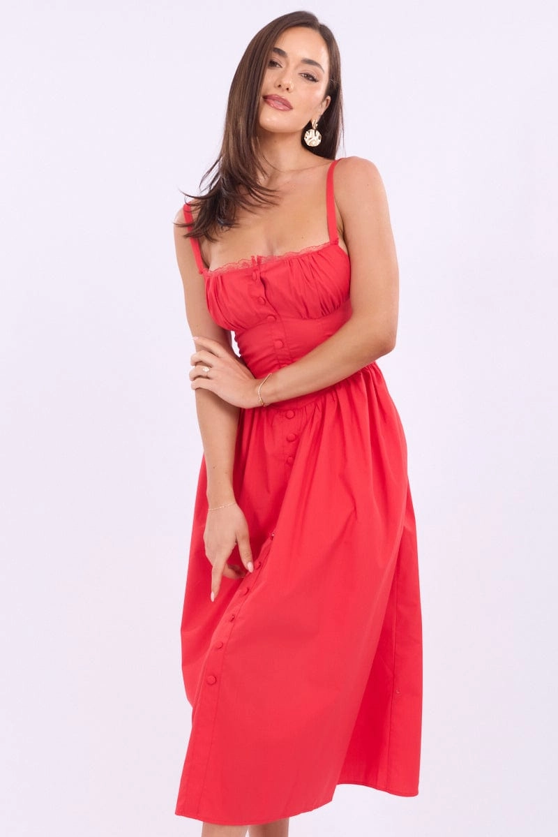 Red Midi Dress Lace Trim Corset Detail Poplin