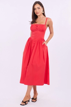 Red Midi Dress Lace Trim Corset Detail Poplin