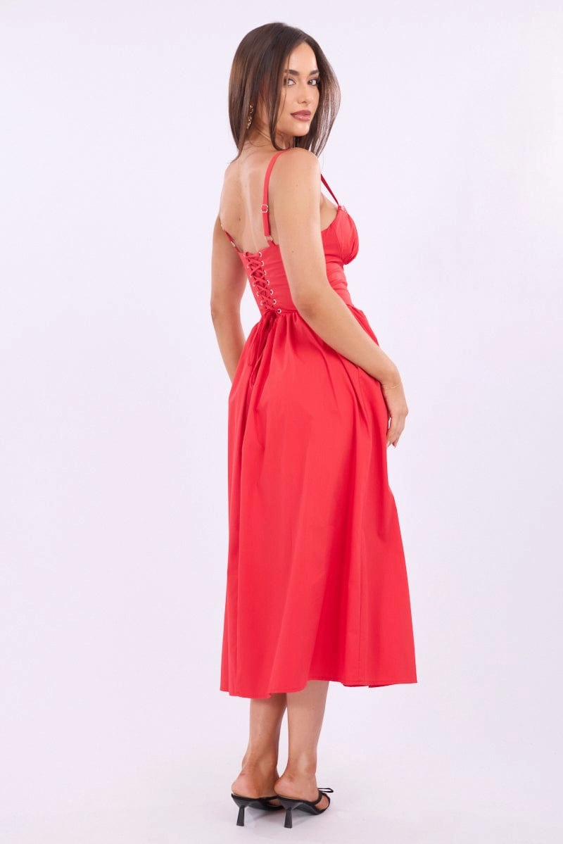Red Midi Dress Lace Trim Corset Detail Poplin