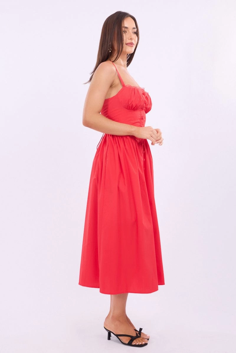 Red Midi Dress Lace Trim Corset Detail Poplin