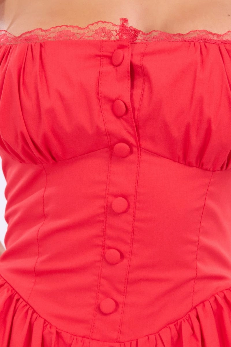 Red Midi Dress Lace Trim Corset Detail Poplin