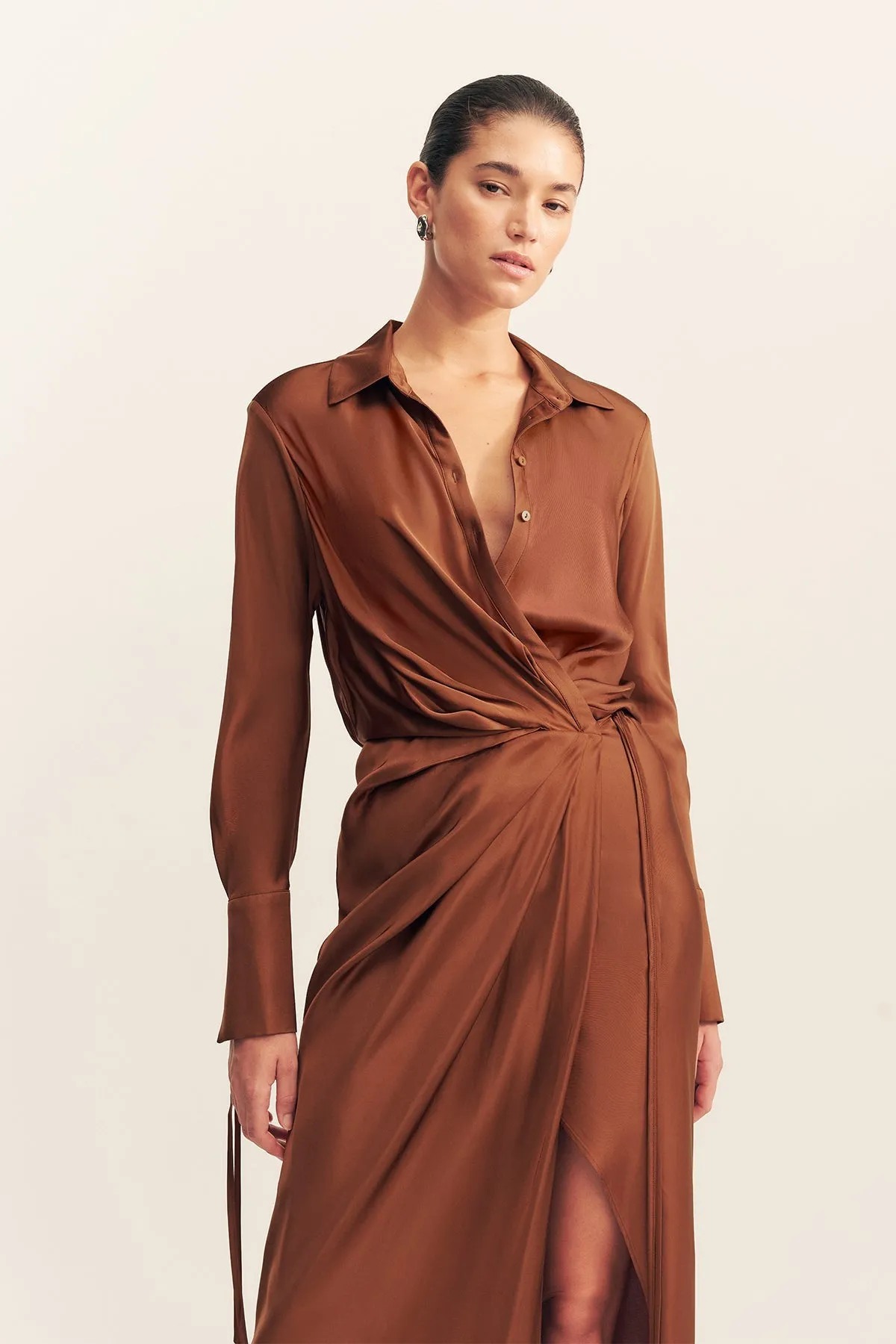 SHAE DRAPED SHIRT MAXI DRESS - CHOCOLATE
