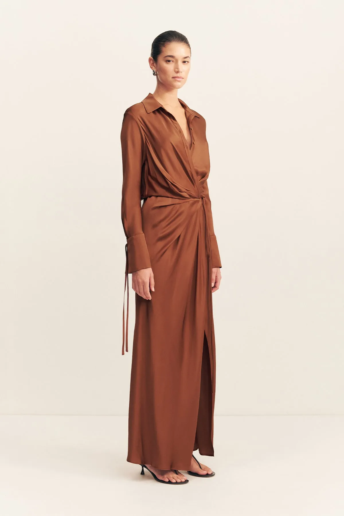 SHAE DRAPED SHIRT MAXI DRESS - CHOCOLATE